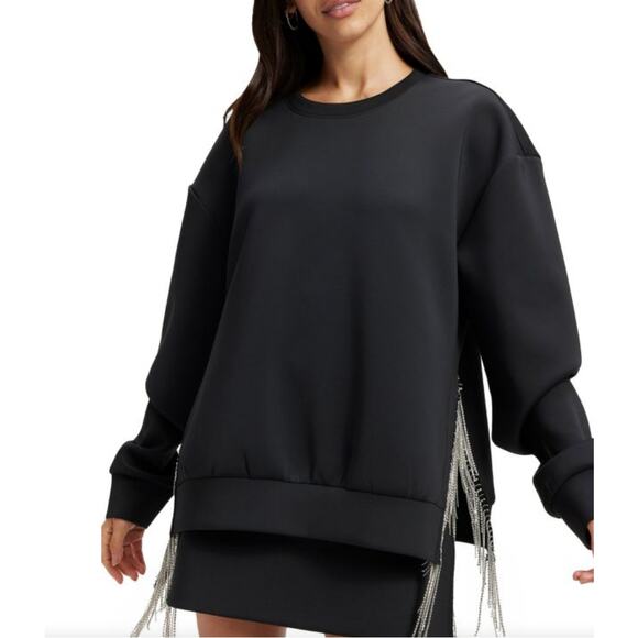Good American women’s Scuba Crystal-Fringe Crewneck Sweatshirt black (size 2) - Picture 1 of 8